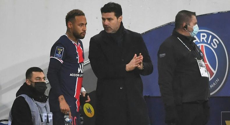 Mauricio Pochettino with Neymar during PSG's win over Marseille in the French Champions Trophy on Wednesday