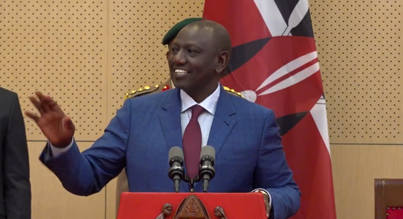 President William Ruto speaking during a joint media briefing with his Tanzanian counterpart Samia Suluhu on Monday, October 10 in Dar es Salaam.  