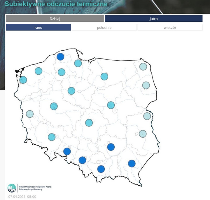 Przewidywane subiektywne odczucie termiczne w piątek 7 kwietnia