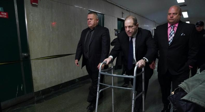 Disgraced Hollywood mogul Harvey Weinstein looked frail as he was helped into the courtroom using a walking frame