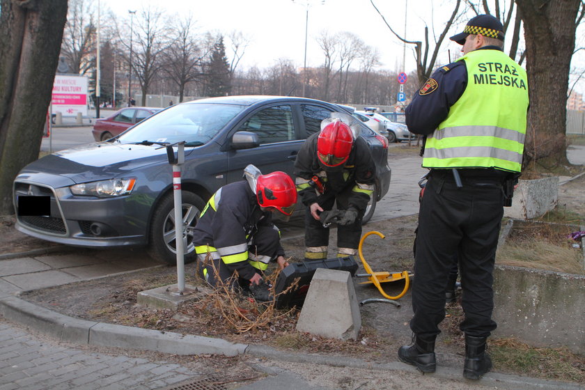 Strażacy pomogli strażnikom miejskim uwolnić samochód od blokady 