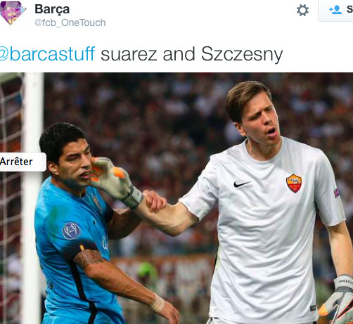 Szczęsny vs Suarez, fot. Twitter