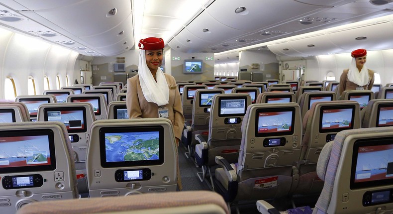 Economy-class seats in an Emirates Airbus A380.