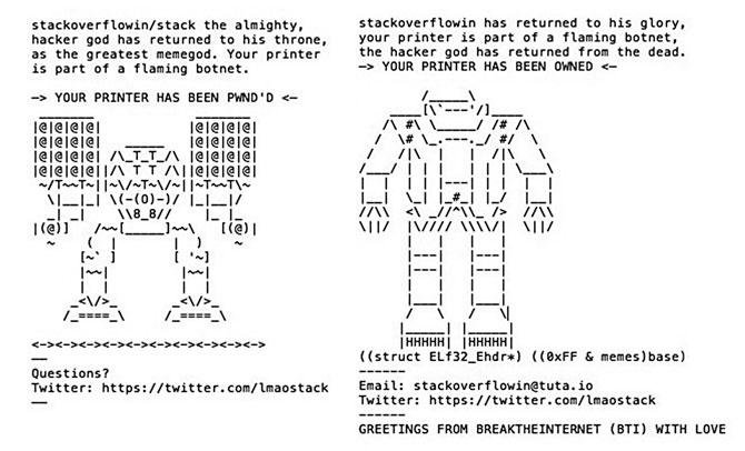 Roboty i niejasne teksty: tak albo podobnie wyglądają wydrukowane dokumenty, które haker Stackoverflowin rozesłał do drukarek sieciowych na całym świecie.