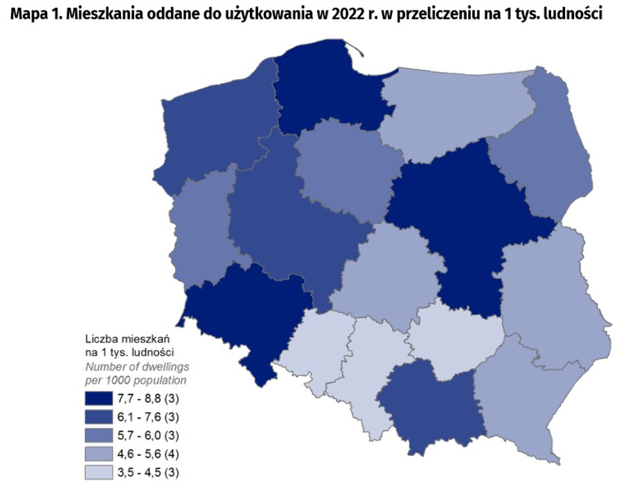 Trzy województwa wyróżniają się pod względem liczby mieszkań oddanych w przeliczeniu na mieszkańców.