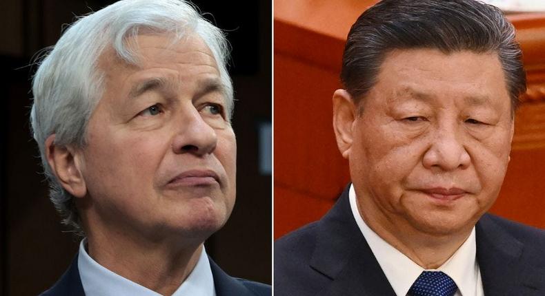 JPMorgan chief Jamie Dimon (left) and Chinese leader Xi Jinping (right).Win McNamee via Getty Images; Greg Baker/AFP via Getty Images