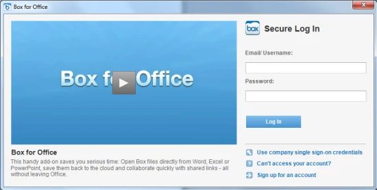 Okno logowania widoczne po zainstalowaniu Box for Office i uruchomieniu jakiejkolwiek aplikacji wchodzącej w skład pakietu Microsoft Office