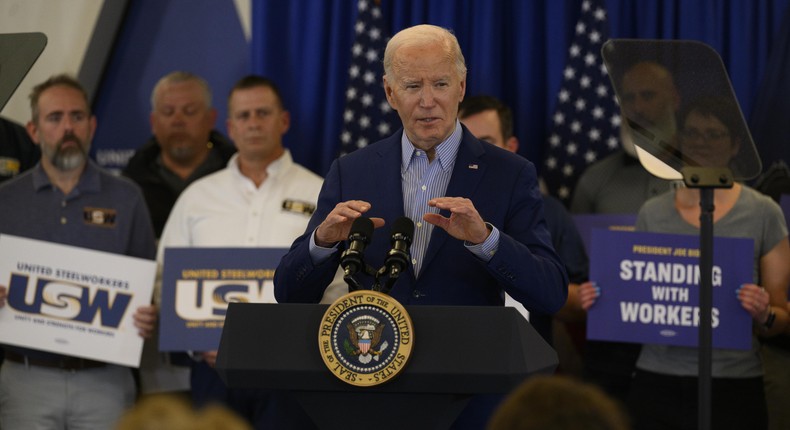 President Joe Biden speaks to members of the United Steel Workers Union at the United Steel Workers Headquarters on April 17, 2024 in Pittsburgh, Pennsylvania.Jeff Swensen/Getty Images