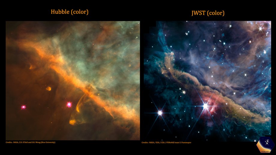 Mgławica Oriona widziana przez Kosmiczny Teleskop Hubble'a (po lewej) i Kosmiczny Teleskop Jamesa Webba (po prawej)