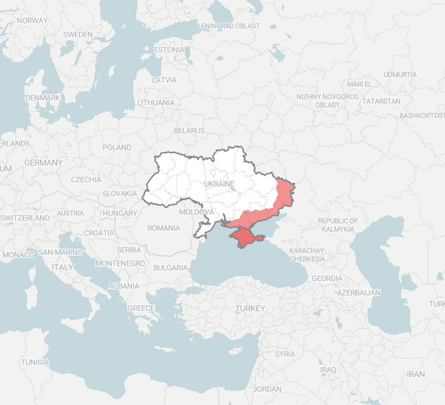 Czerwone oznaczenie to tereny Ukrainy okupowane przez Rosjan, linią przerywaną zaznaczony Krym