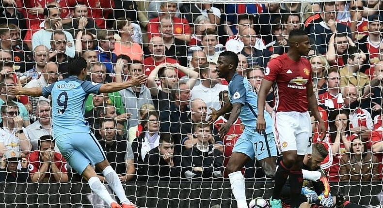 Manchester City's Kelechi Iheanacho (centre) scored in the 2-1 victory over Manchester United on September 10, 2016