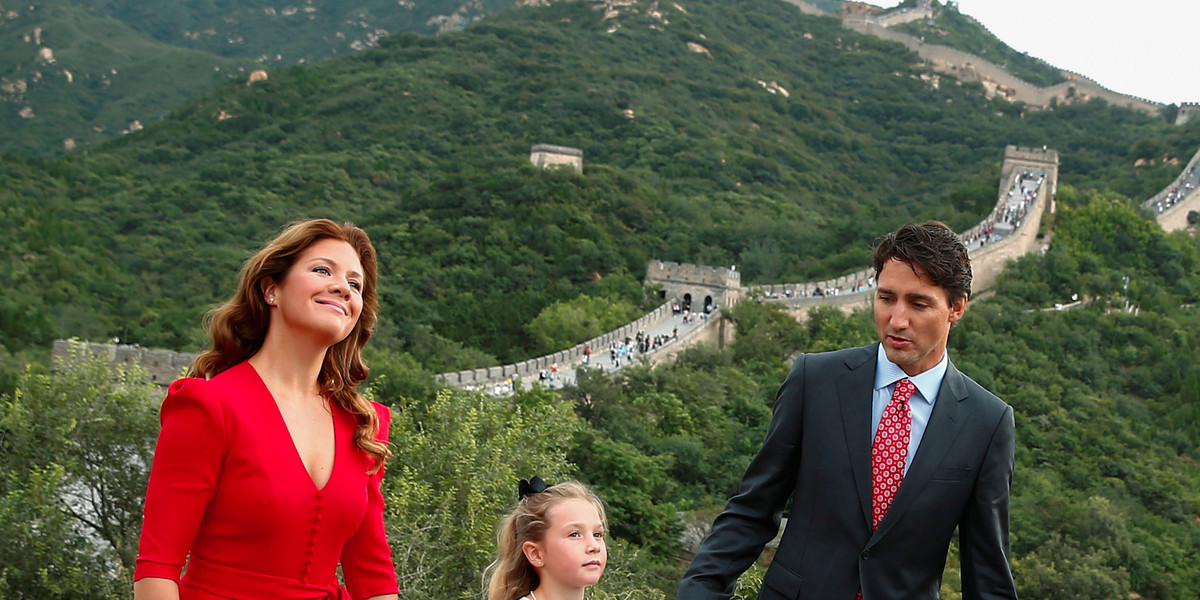 Canadian Prime Minister Justin Trudeau, his wife, Sophie Gregoire, and their daughter, Ella-Grace, visiting the Great Wall at Badaling, north of Beijing in China.