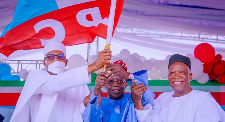 President Muhammadu Buhari, Bola Tinubu, APC Presidential candidate, and Adamu Abdullahi, the National Chairman of the ruling party at Eagle Square, Abuja where Tinubu was declared as the party's flagbearer for the 2023 election. (Punch)