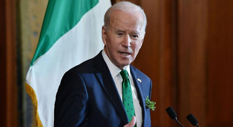 President Joe Biden addresses the St. Patrick's Day luncheon on Capitol Hill on Thursday.