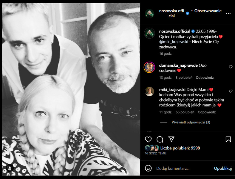 Katarzyna Nosowska z Adamem Krajewskim i synem Mikołajem na Instagramie