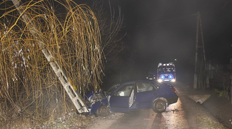 Ittas sofőr döntött villanyoszlopot Tiszakécskén: másfél órás áramszünetet okozott / Fotó: Police.hu
