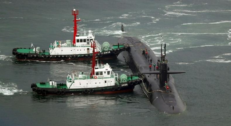 The nuclear-powered submarine USS Michigan approaches the southeastern port city of Busan on April 25, 2017