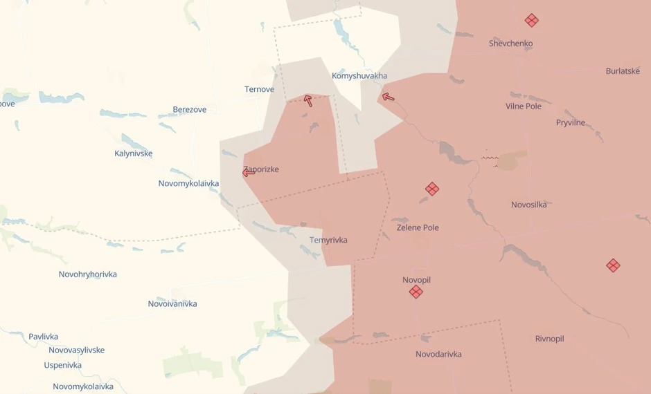 Mapa - Dnjepropetrovska oblast, 27. avgust 2025. - selo Zaporižke i Novogrigorivka