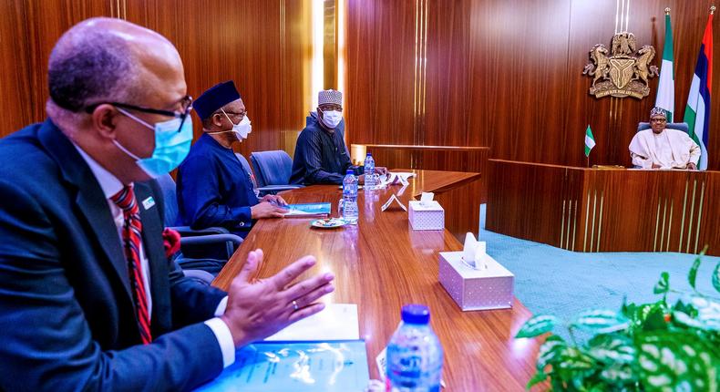 President Muhammadu Buhari receives briefing from Presidential Task Force on COVID-19 led by Chairman, Boss Mustapha; Minister of Health, Osagie Ehanire; Director General of the National Center for Disease Control (NCDC), Dr Chikwe Ihekweazu. [Twitter/@BashirAhmaad]