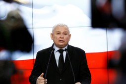 Kaczynski, the leader of the ruling Law and Justice Party speaks during a news conference in Warsaw