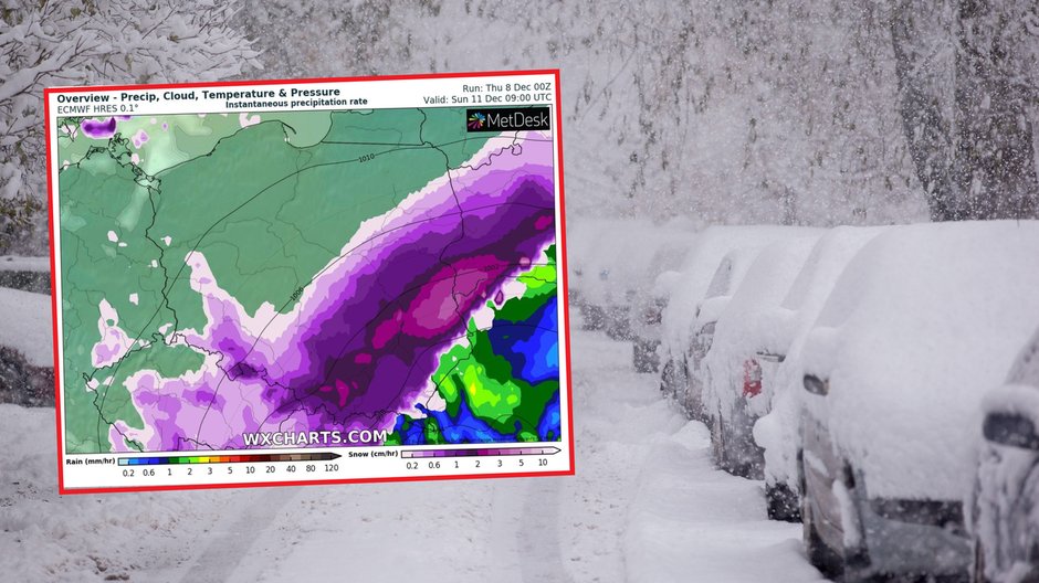 Polskę w niedzielę i poniedziałek zasypie groźny niż z południa (mapa: wxcharts.com)