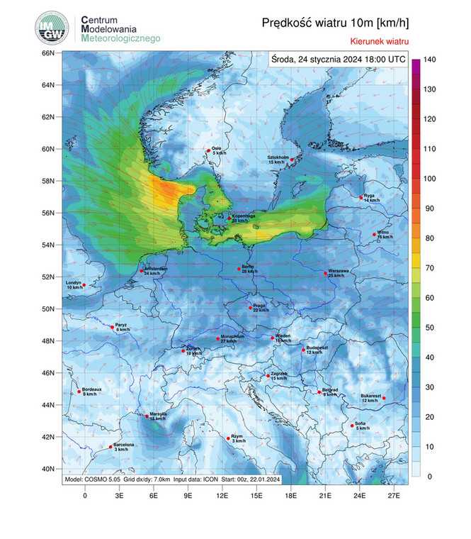 Prędkość wiatru w Europie w dniu 24 stycznia