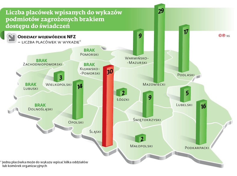 Liczba placówek wpisanych do wykazów podmiotów zagrożonych brakiem dostępu do świadczeń