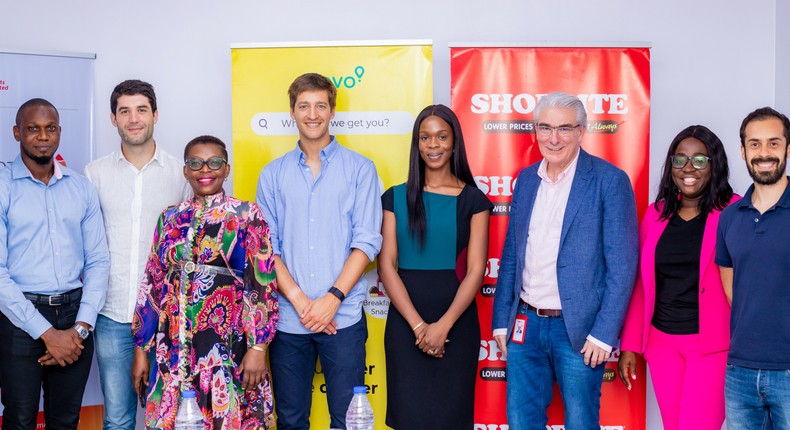 Kolawole Adeniyi, Head of Q-commerce for Glovo Nigeria; Lorenzo Mayol, Brands Ads Director for Glovo Africa, Vivien Iberi, Operations Excellence Manager for Retail Supermarkets Nigeria, Oscar Pierre, CEO and Co-Founder of Glovo, Tosin Olukoya, Strategy Manager for Retail Supermarkets Nigeria; Hubertus Rick, CEO for Retail Supermarkets Nigeria; Bunmi Adeleye, Chief Strategy Officer for Retail Supermarkets Nigeria and Mauricio Gomez, Chief Strategy Officer for Glovo at the signing of a Memorandum of Understanding between Glovo and Shoprite Nigeria on May 11, 2023.