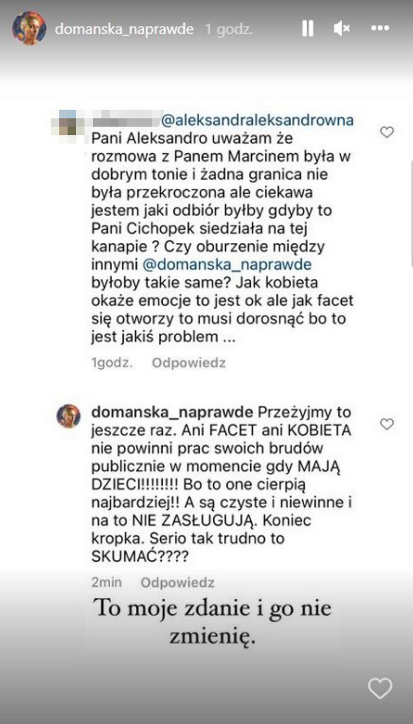 Aleksandra Domańska odpowiada na komentarz internautki. 