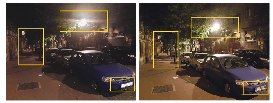 Slika napravljena Samsungom (desno) jasno "hvata" detalje i umanjuje odbljesak uličnog osvetljenja