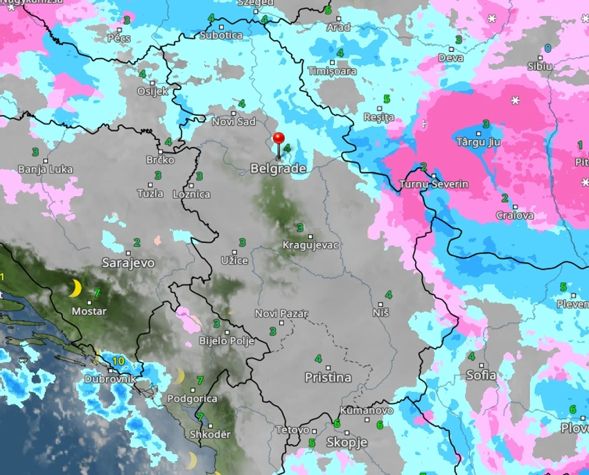 Kretanje padavina u Srbiji u 19 časova 