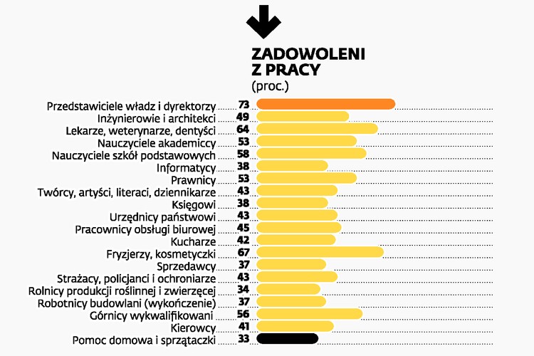 ZADOWOLENI Z PRACY. To, że najbardziej zadowoleni ze swojego statusu i pracy są dyrektorzy i przedstawiciele władz (aż 73 proc. tak uważa), nie zaskakuje. Ciekawym faktem jest jednak to, że na drugim miejscu w tym zestawieniu plasują się… fryzjerzy i kosmetyczki (67 proc.). Zaraz za nimi znajdują się lekarze, weterynarze i dentyści – 64 proc. z nich deklaruje, że ich praca ich satysfakcjonuje oraz górnicy (56 proc.).  Wśród informatyków, którzy nie tylko problemów z zatrudnieniem nie mają, zarabiają coraz więcej, a do tego są jedną z najmłodszych grup wiekowych (średnio 36 lat), zadowolonych z pracy jest ledwie 38 proc. spośród przebadanych. Podobnie jest z prawnikami, których zawód przecież zawsze społecznie uchodził za świetny. Najbardziej niezadowolone ze swojej pracy są sprzątaczki (33 proc. osób deklaruje, że to zajęcie jest satysfakcjonujące) i  rolnicy (34 proc.).