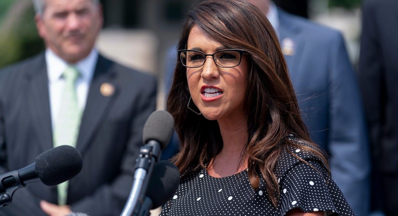 In this July 29, 2021, file photo, Rep. Lauren Boebert, R-Colo., speaks at a news conference held by members of the House Freedom Caucus on Capitol Hill in Washington.