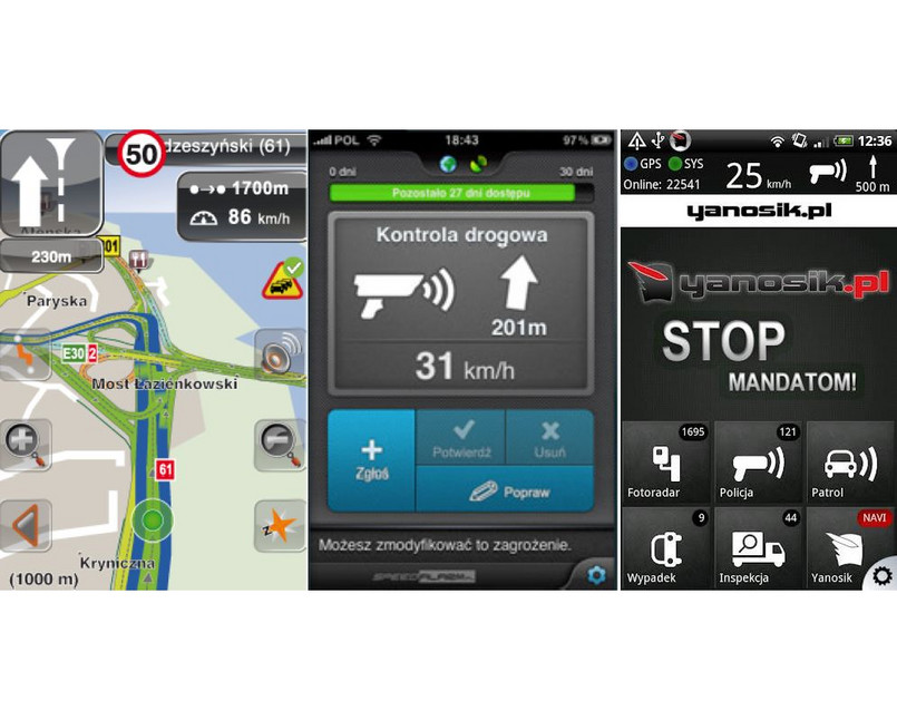 Aplikacje mobilne - Navi Expert, Speed Alarm i Yanosik