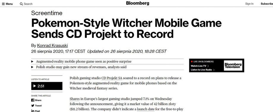 Bloomberg o rekordowej wycenie CD Projekt po zapowiedzi kolejnej gry