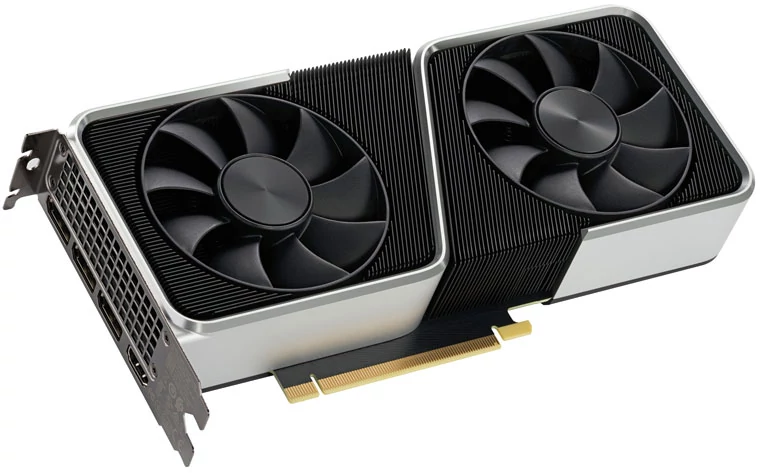 Nvidia GeForce RTX 3060 Ti FE – większość karty stanowi radiator złożony w wielu cienkich, czarnych żeberek oraz dwa wentylatory położone na jednej stronie.