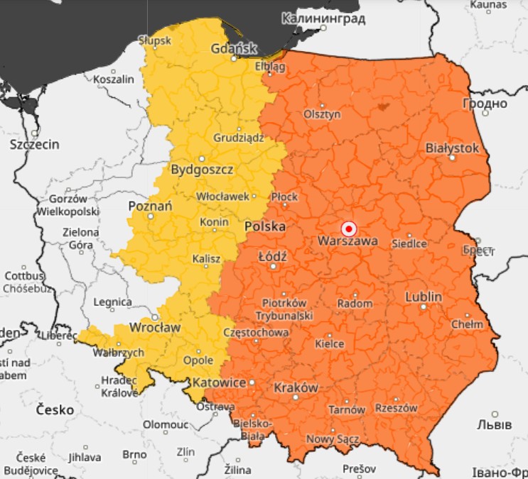 Mapa z zaznaczonymi obszarami, gdzie zostaną ogłoszone ostrzeżenia IMGW