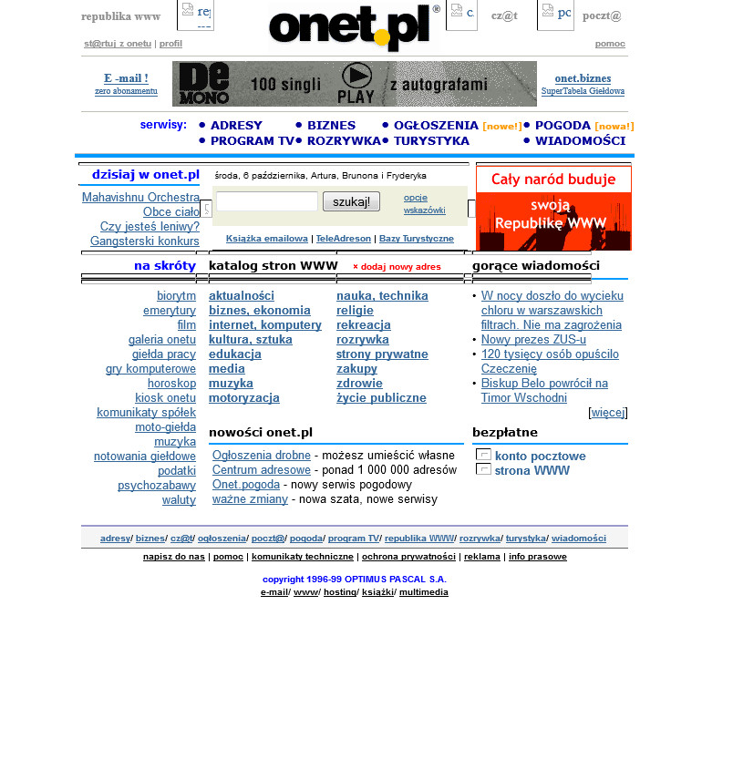 Strona główna Onetu w 1999 roku