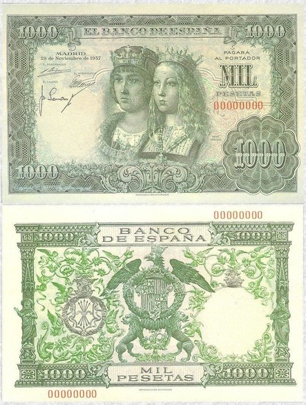 Izabela i Ferdynand na hiszpańskim banknocie z 1957 roku (domena publiczna)