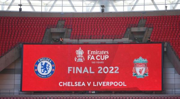 LONDON, ENGLAND - MAY 14: The LED board inside the stadium shows the match information prior to The FA Cup Final match between Chelsea and Liverpool at Wembley Stadium on May 14, 2022 in London, England. (Photo by Mike Hewitt/Getty Images)