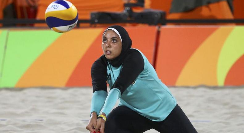 Doaa Elghobashy (EGY) of Egypt competes.  2016 Rio Olympics - Beach Volleyball - Women's Preliminary - Beach Volleyball Arena - Rio de Janeiro, Brazil - 07/08/2016.   REUTERS/Ruben Sprich