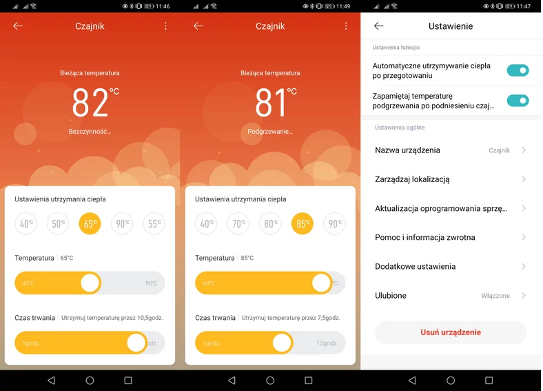 Predefiniowane ustawienia temperatury (obraz po lewej) możemy łatwo zmodyfikować do własnych potrzeb (obraz w środku). Czajnik Xiaomi Mi Smart Kettle Pro automatycznie przejdzie do trybu podtrzymywania ostatnio zadanej temperatury oraz zapamięta go po podniesieniu z podstawki (kliknij, aby powiększyć)
