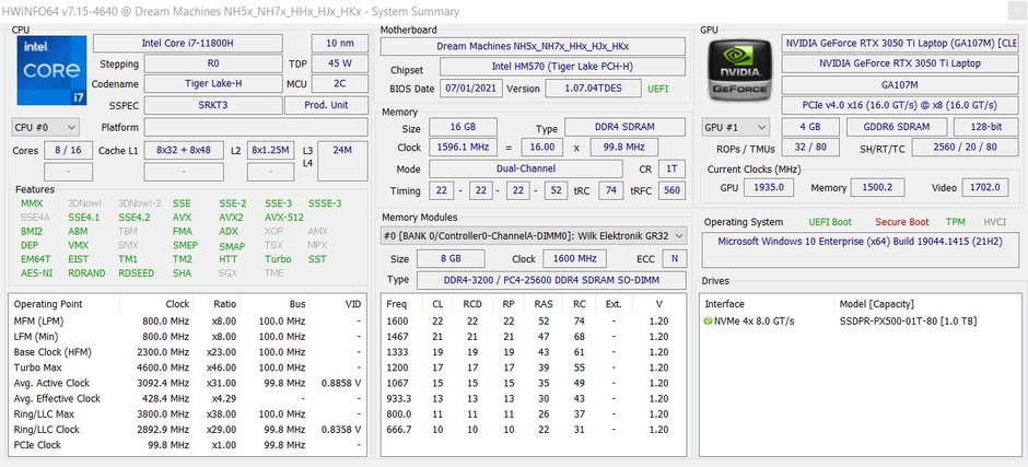 Dream Machines RG3050Ti-15PL26 – HWiNFO64 – podstawowa specyfikacja laptopa