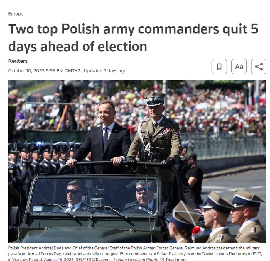 Artykuł o dymisjach w polskim wojsku w Reuters