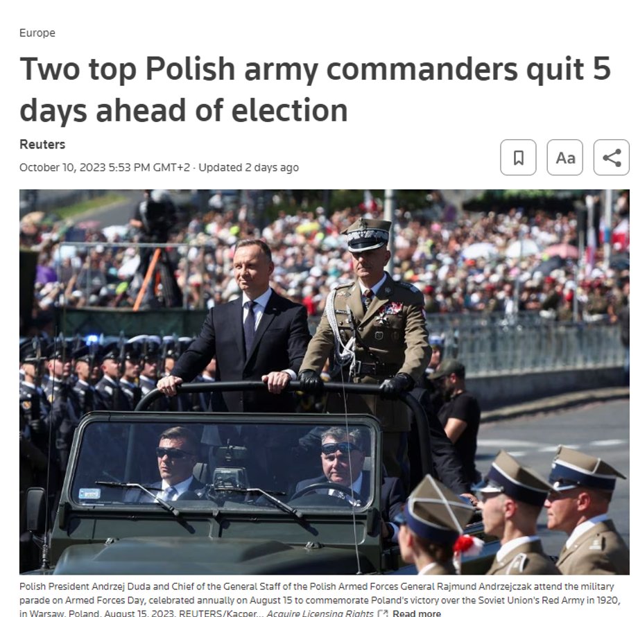 Artykuł o dymisjach w polskim wojsku w Reuters