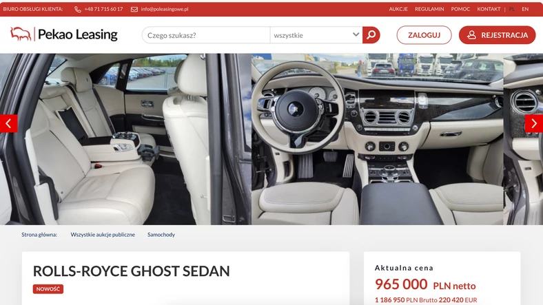 Rolls-Royce Ghost na sprzedaż — screen z ogłoszenia na poleasingowe.pl