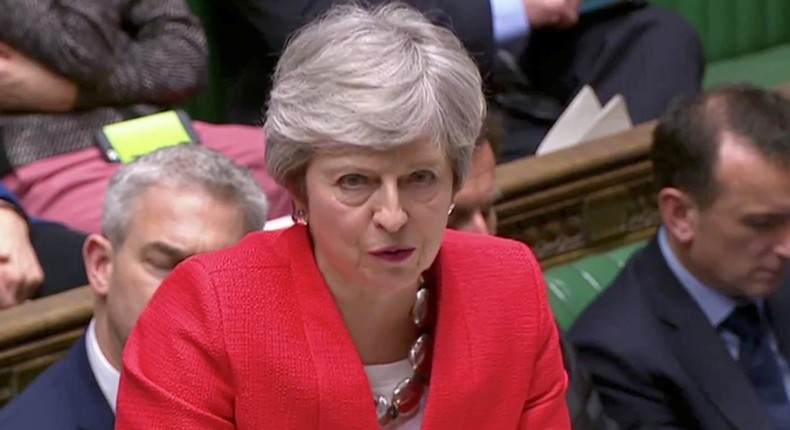 Britain's Prime Minister Theresa May speaks in Parliament in London, Britain, March 12, 2019.