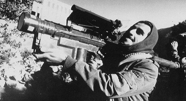 An Afghan guerrilla with a US-made Stinger anti-aircraft missile in this photo taken between November 1987 and January 1988.