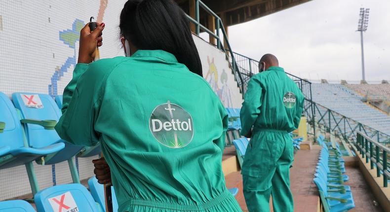 Dettol volunteers making sure the spectator areas are germ-free