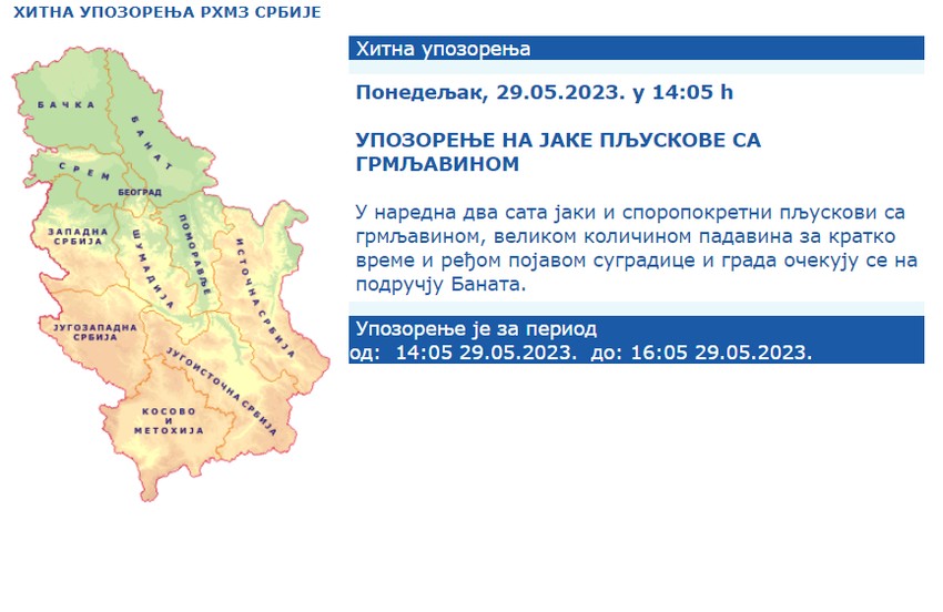 RHMZ izdao hitno upozorenje, nevreme tokom naredna dva sata